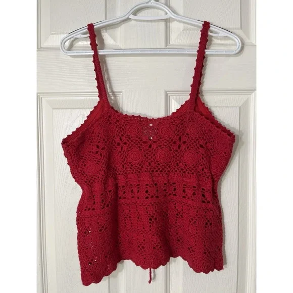 Babydoll Crochet Red Tank Top Size M BOHO Sheer Lined Bra Feminine Festival Airy - Picture 3 of 7